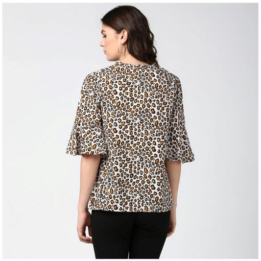 Indoraa Women's Polyester Animal Print Bell Sleeve Top (Orange - Black)