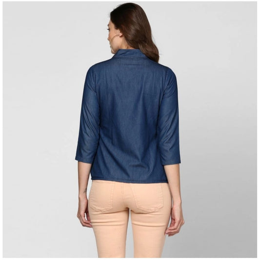 Indoraa Women's Denim Solid 3-4th Sleeves Top (Blue)