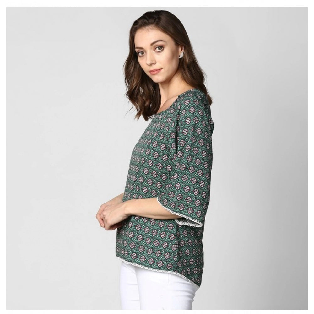 Indoraa Women's Polyester Printed 3-4th Sleeves Top (Green)