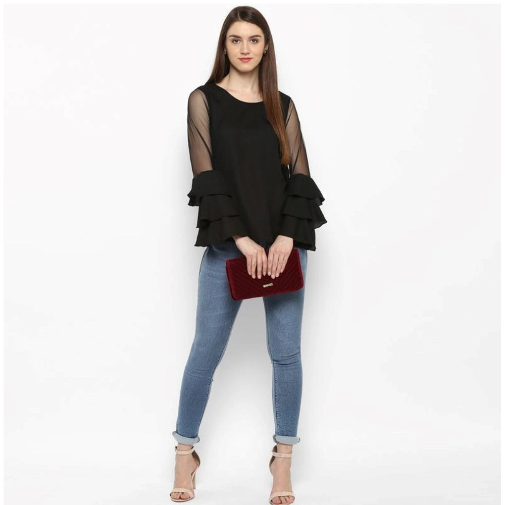 Indoraa Women's Polyester Solid Tier Sleeve Top (Black)