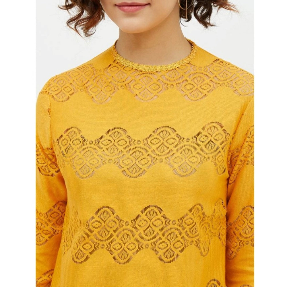 Indoraa Women's Cotton Lace Inserts Long Sleeves Top (Yellow)