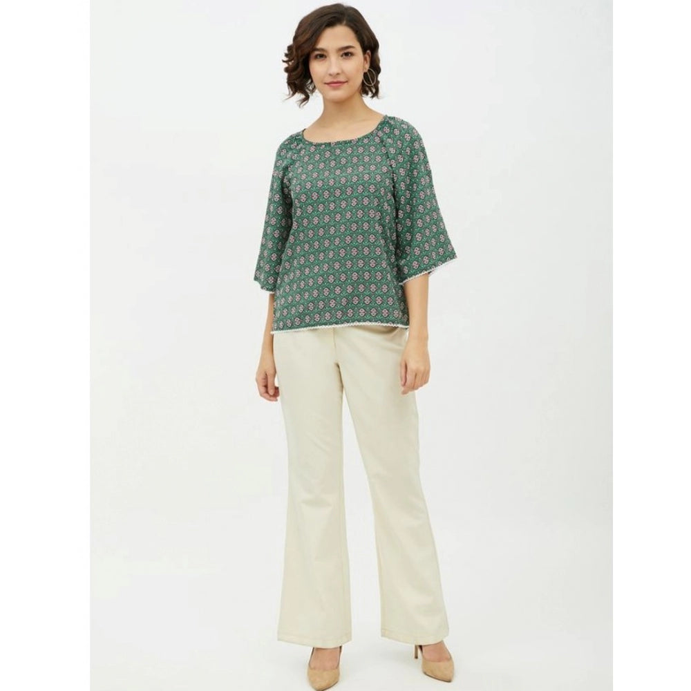 Indoraa Women's Polyester Printed 3-4th Sleeves Top (Green)