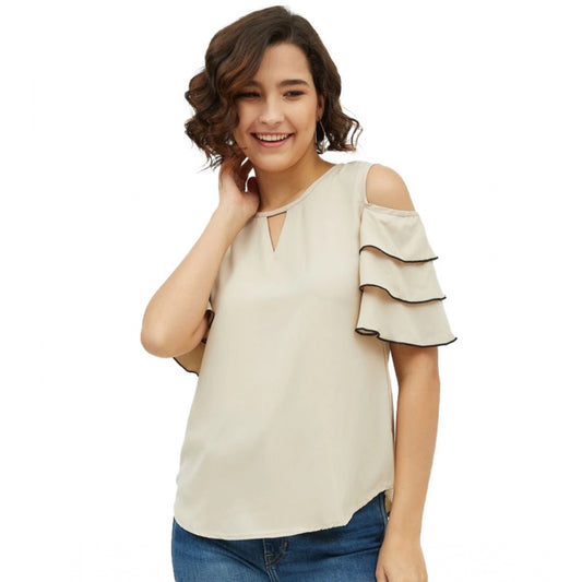 Indoraa Women's Polyester Tiered Cold Shoulder Top (Beige)