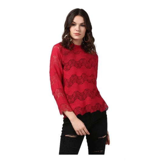Indoraa Women's Cotton Self Design Long Sleeves Top (Maroon)