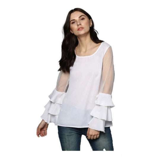 Indoraa Women's Polyester Solid Tier Sleeve Top (White)