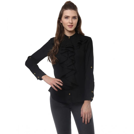 Indoraa Women's Polyester Ruffled Long Sleeves Top (Black)