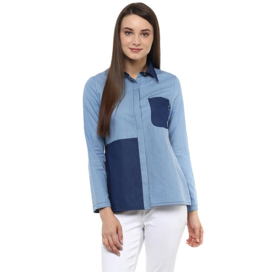 Indoraa Women's Denim Patch Work Long Sleeves Regular Top (Blue)