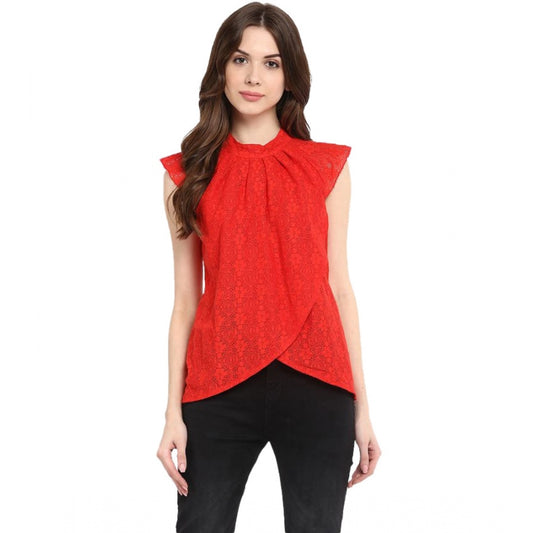 Indoraa Women's Cotton Lace Embellished Cap Sleeve Regular Top (Red)
