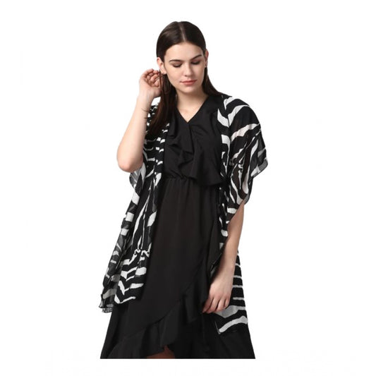 Indoraa Women's Polyester Printed Short Sleeve Shrug (Black)