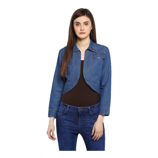 Indoraa Women's Denim Solid 3-4th Sleeves Shrug (Blue)