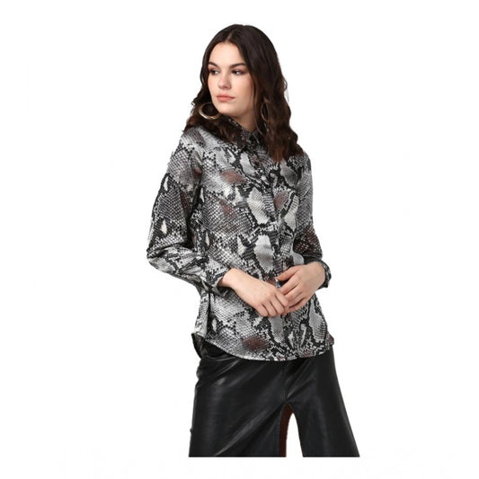 Indoraa Women's Satin Animal Print Long Sleeves Standard Length Shirt (Black - Grey)