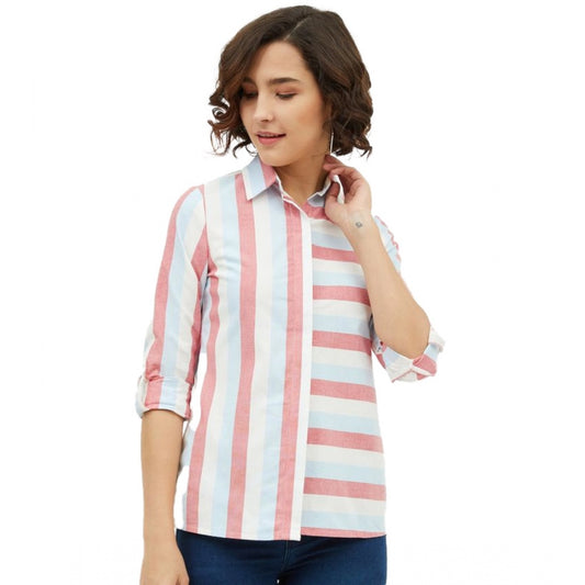 Indoraa Women's Cotton Striped Long Sleeves Standard Length Shirt (Pink)