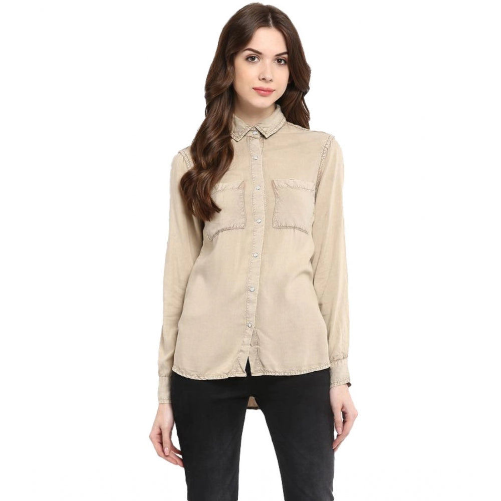 Indoraa Women's Rayon Solid Long Sleeves Standard Length Shirt (Beige)