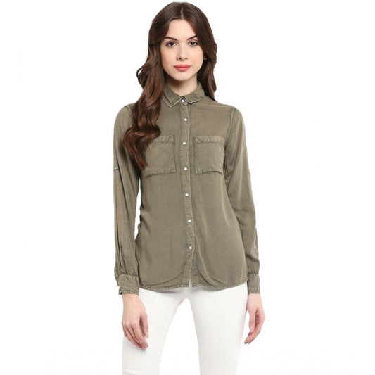 Indoraa Women's Rayon Solid Long Sleeves Standard Length Shirt (Olive Green)