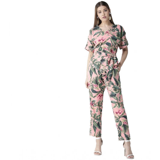 Indoraa Women's Polyester Floral Half Sleeve Jumpsuit (Pink)