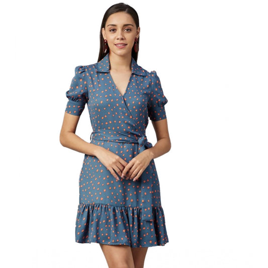 Indoraa Women's Polyester Polka Short Sleeve Above Knee Dress (Grey - Coral)