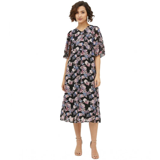 Indoraa Women's Polyester Chain Print Cap Sleeve Calf-length Dress (Multicolor)
