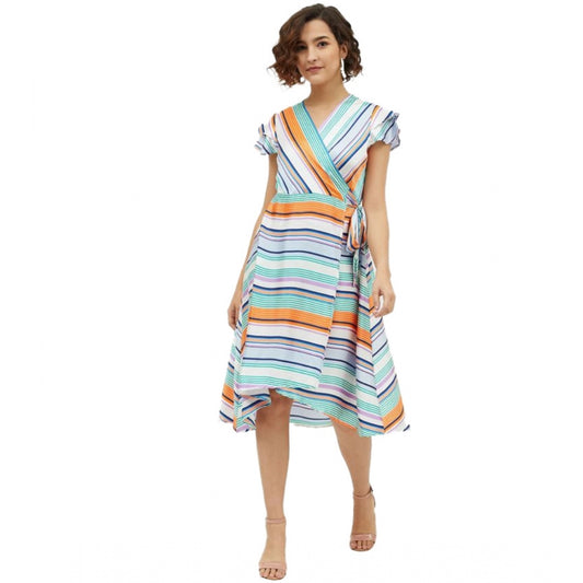 Indoraa Women's Satin Striped Short Sleeve Knee-Length Dress (Multicolor)