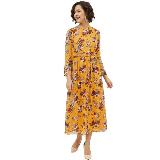 Indoraa Women's Polyester Floral Long Sleeves Calf-length Dress (Multicolor)