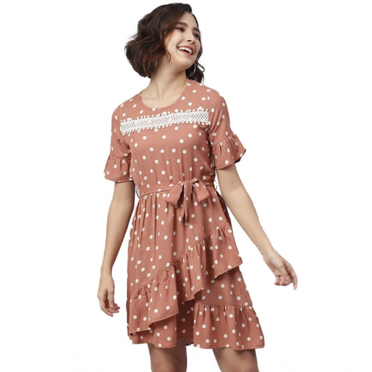 Indoraa Women's Polyester Polka Bell Sleeve Above Knee Dress (Brown)