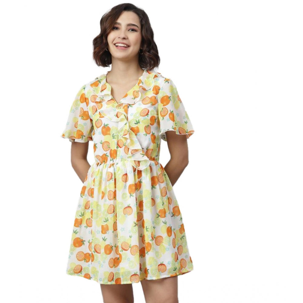 Indoraa Women's Polyester Printed Flutter Above Knee Dress (Yellow - Orange)