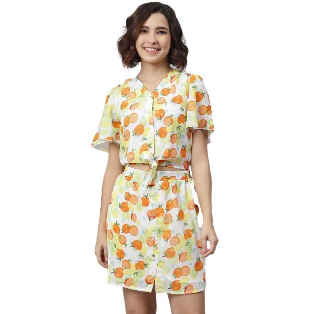 Indoraa Women's Polyester Printed Flutter Above Knee Dress (Orange - Yellow)