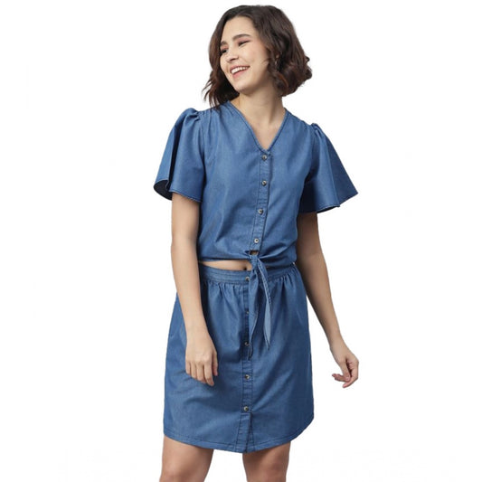 Indoraa Women's Denim Solid Flutter Above Knee Dress (Blue)
