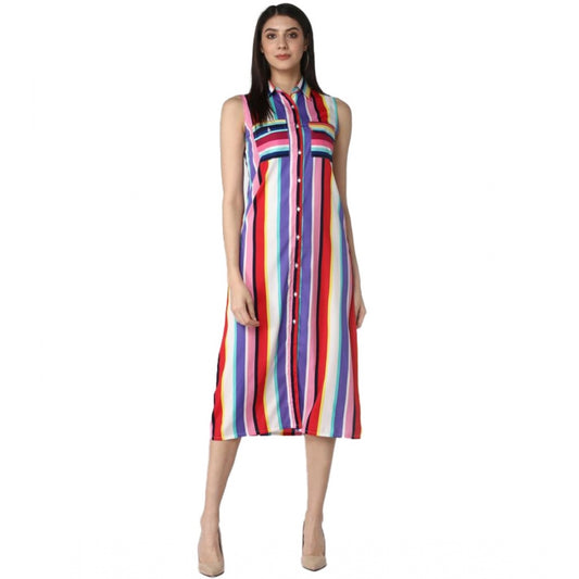 Indoraa Women's Polyester Striped Sleeveless Calf-length Dress (Multicolor)