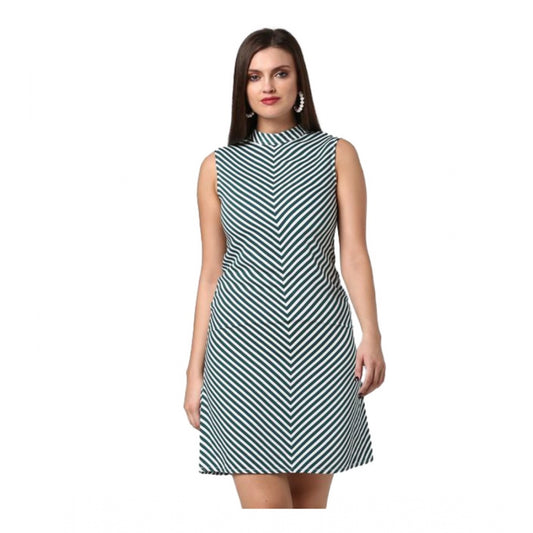 Indoraa Women's Polyester Striped Sleeveless Above Knee Dress (Green)