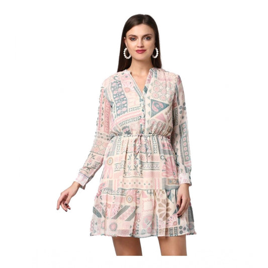 Indoraa Women's Polyester Printed Long Sleeves Above Knee Dress (Light Pink - Off White)