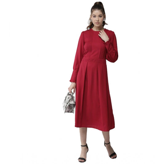 Indoraa Women's Polyester Pintuck Long Sleeves Below Knee Dress (Red)