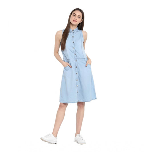 Indoraa Women's Denim Solid Sleeveless Below Knee Dress (Blue)