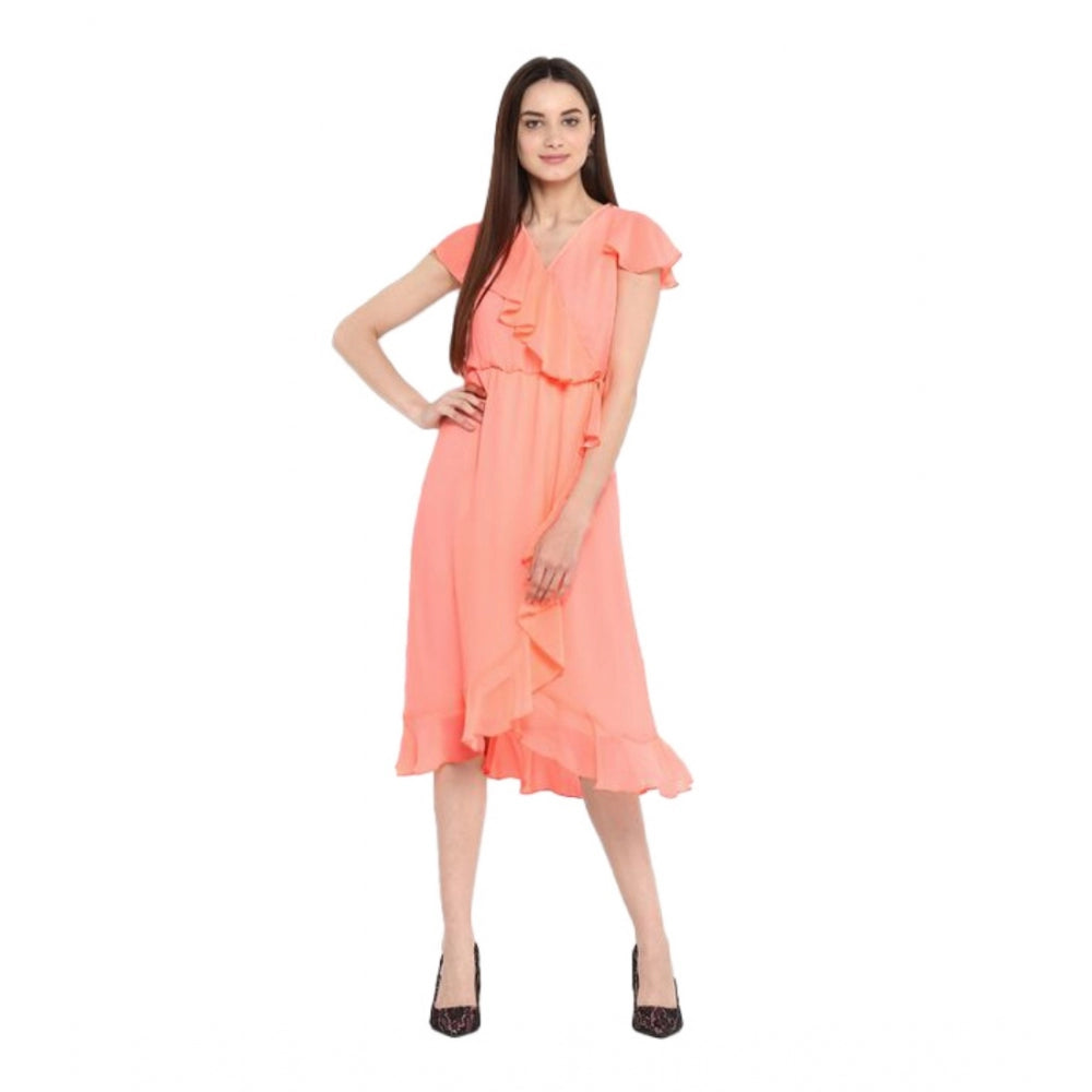 Indoraa Women's Polyester Ruffled Cap Sleeve Below Knee Dress (Neon Pink)