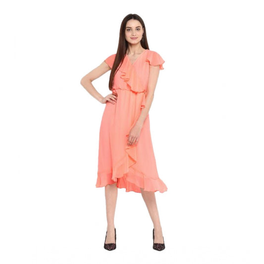 Indoraa Women's Polyester Ruffled Cap Sleeve Below Knee Dress (Neon Pink)