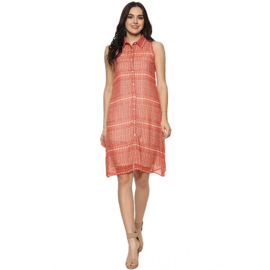 Indoraa Women's Polyester Printed Sleeveless Above Knee Dress (Orange)