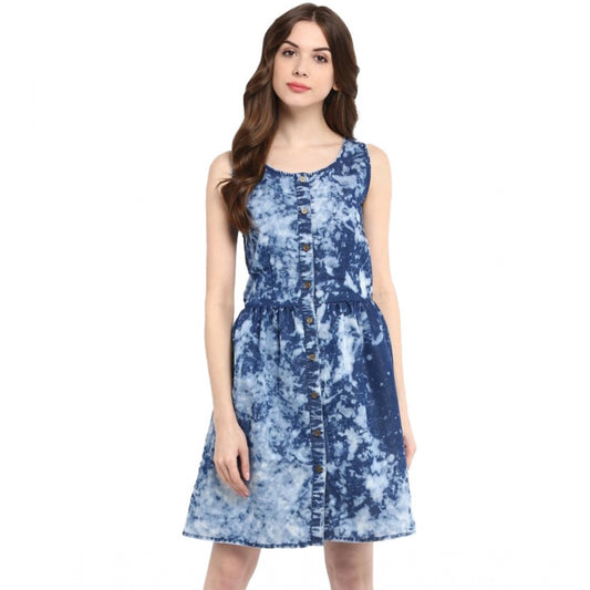 Indoraa Women's Denim Tie &amp; Dye Sleeveless Above Knee Dress (Blue)