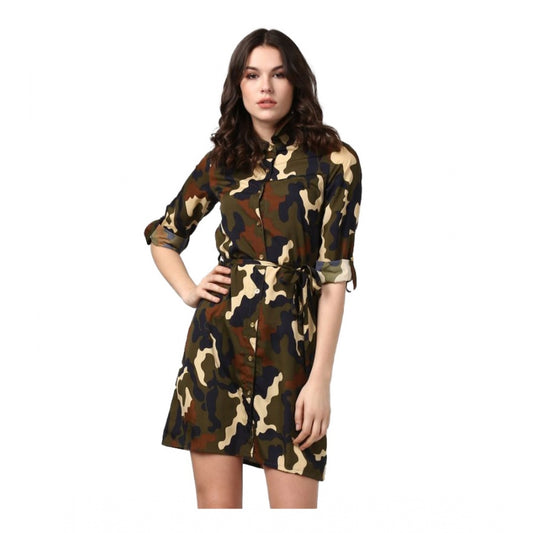 Indoraa Women's Polyester Printed Roll Up Sleeve Tunic Top (Green - Black)