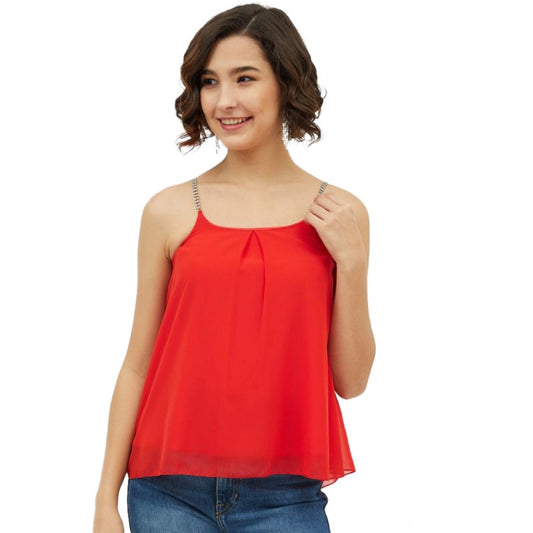 Indoraa Women's Polyester Embellished Shoulder Straps Top (Red)