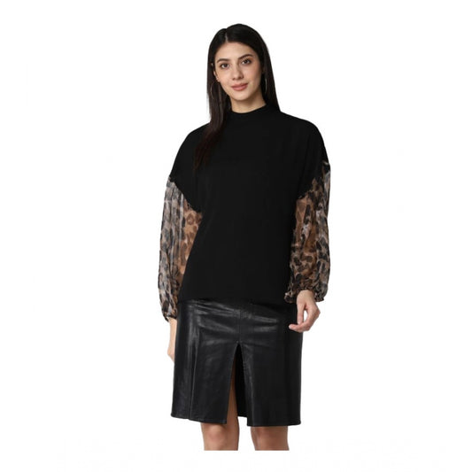 Indoraa Women's Polyester Animal Print Long Sleeves Top (Black)