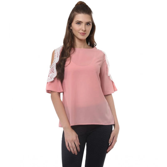 Indoraa Women's Polyester Lace Inserts Half Sleeve Top (Pink)