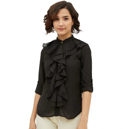 Indoraa Women's Polyester Ruffled Long Sleeves Standard Length Shirt (Black)