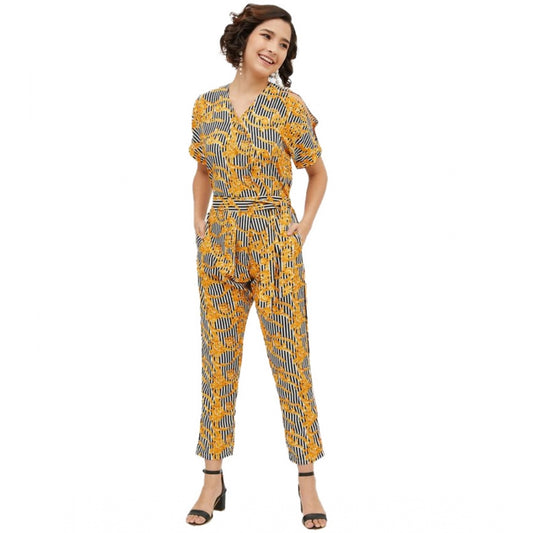 Indoraa Women's Polyester Printed Half Sleeve Long Jumpsuit (Yellow)