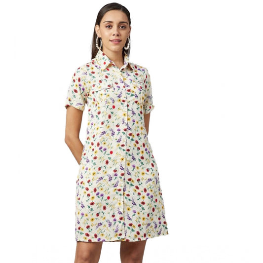 Indoraa Women's Polyester Floral Short Sleeve Above Knee Dress (Multicolor)