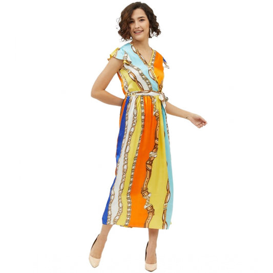Indoraa Women's Satin Chain Print Cap Sleeve Calf-length Dress (Multicolor)