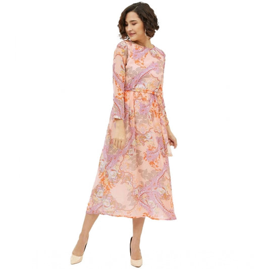 Indoraa Women's Polyester Printed Long Sleeves Calf-length Dress (Multicolor)
