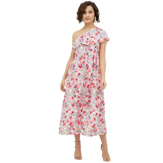 Indoraa Women's Polyester Floral One Shoulder Calf-length Dress (Multicolor)