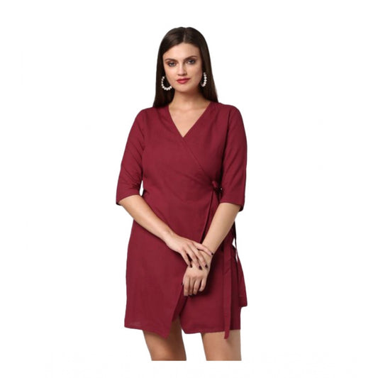 Indoraa Women's Cotton Solid 3-4th Sleeves Above Knee Dress (Maroon)