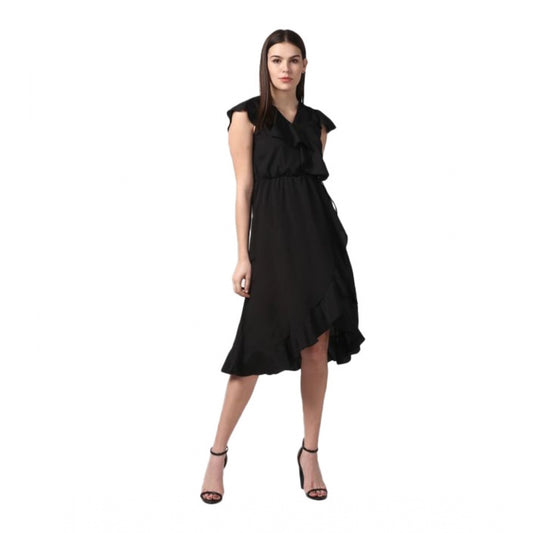 Indoraa Women's Polyester Ruffled Cap Sleeve Knee-Length Dress (Black)