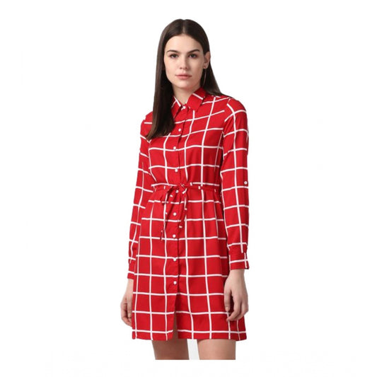 Indoraa Women's Polyester Checkered Long Sleeves Above Knee Dress (Red)
