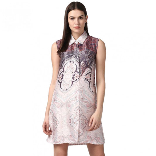 Indoraa Women's Polyester Printed Sleeveless Above Knee Dress (Orange)